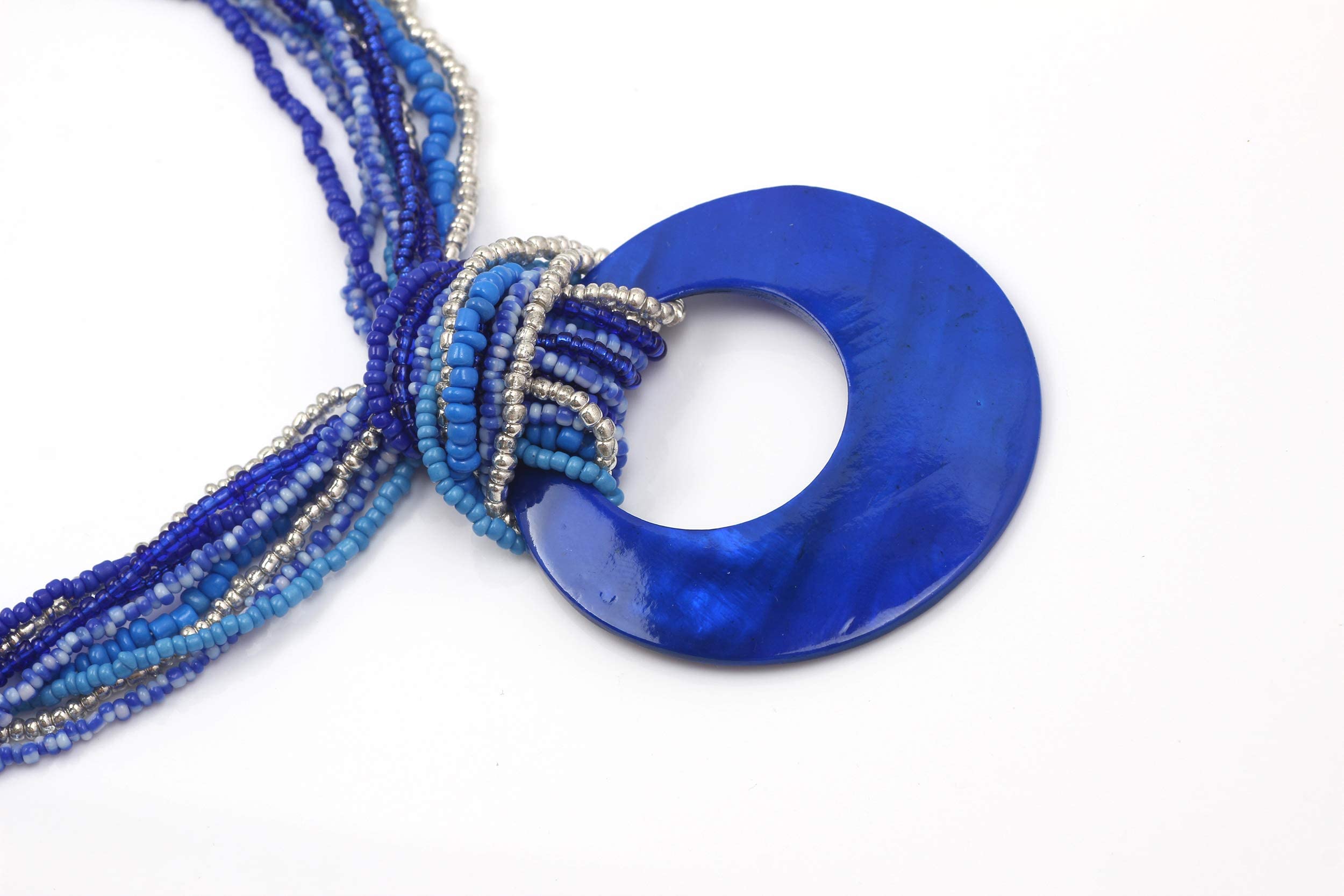 Coiris Multi Strand Statement Colorful Beaded Necklace Earrings Set with Big Circle Shell Pendant for Women (N0055-Royalblue)