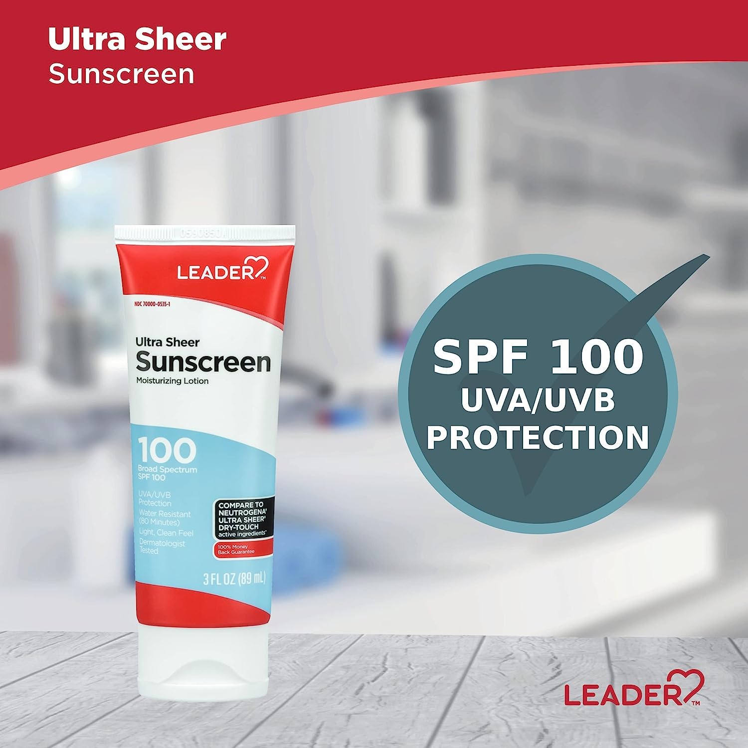Leader Travel Sunscreen Spf 100+, Ultra Sheer Dry-Touch Water Resistant And Non-Greasy Lotion With Broad Spectrum Spf 100+, 3 Fl