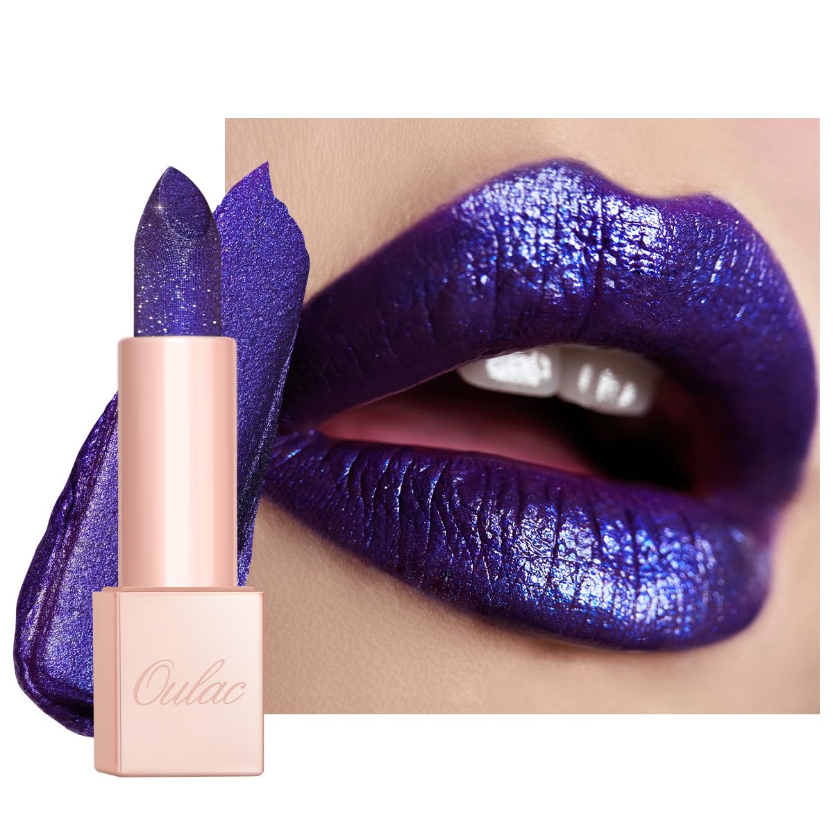 Oulac Shimmer Blue-Purple Lipstick, Infinity High Shine Finish, Hydrating Lip Color Infused with Damask Rose Oil for All-Day Com