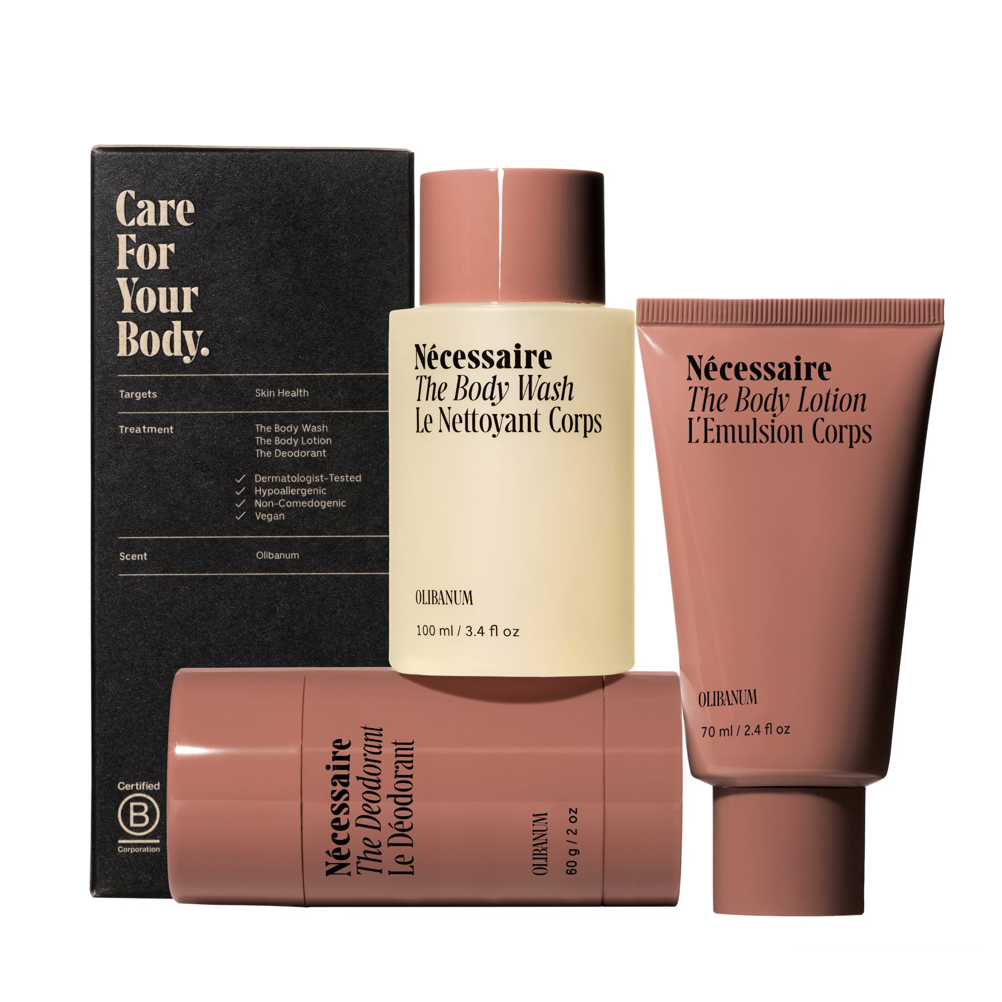 N  cessaire Body Essentials - Skin Care Gift Set For Women + Men - Travel-Size Body Wash, Body Lotion + Deodorant | Dermatologis