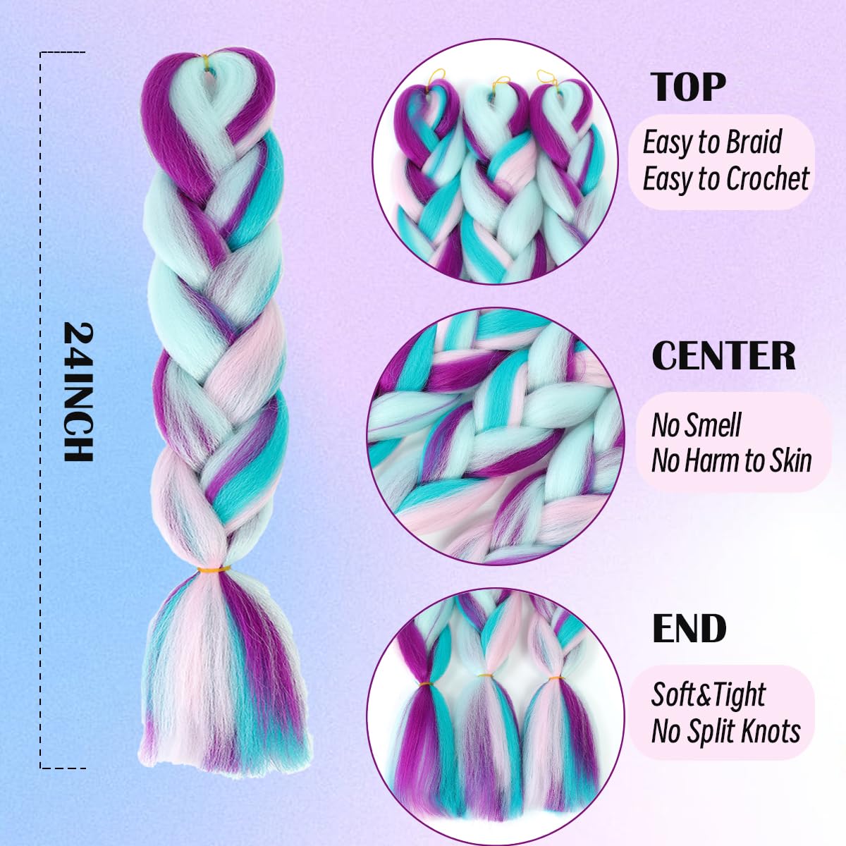 Jumbo Braiding Hair Fiber Mix Four Silky Colorful Twist Rainbow Colors Extensions Kanekalon Synthetic Blue-Light Purple-Pink Sof