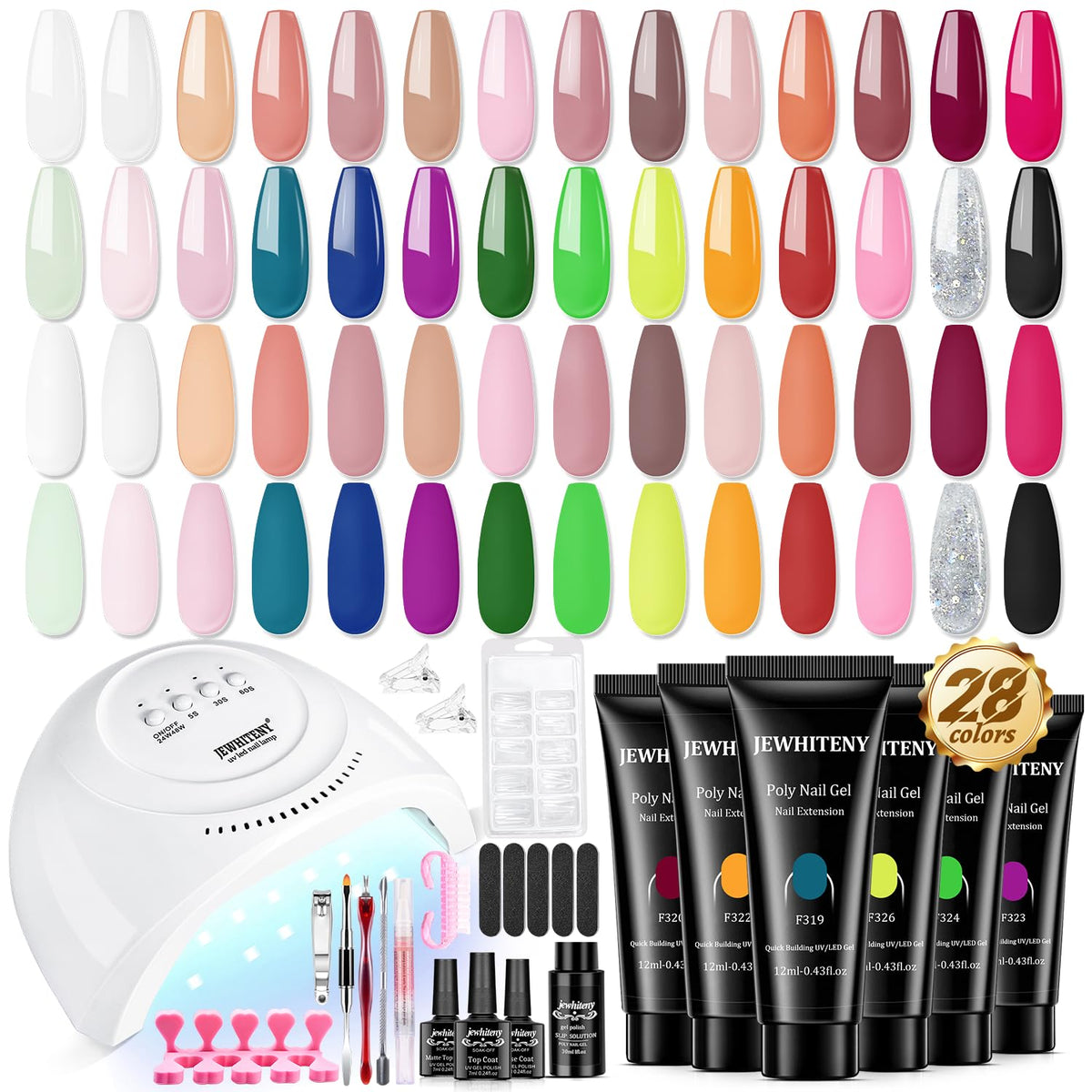 JEWHITENY 28 Colors Poly Nail Extension Gel Kit for Starter at Home Poly Nail Gel All-in-one Kit with Nail Lamp French Trendy Ma