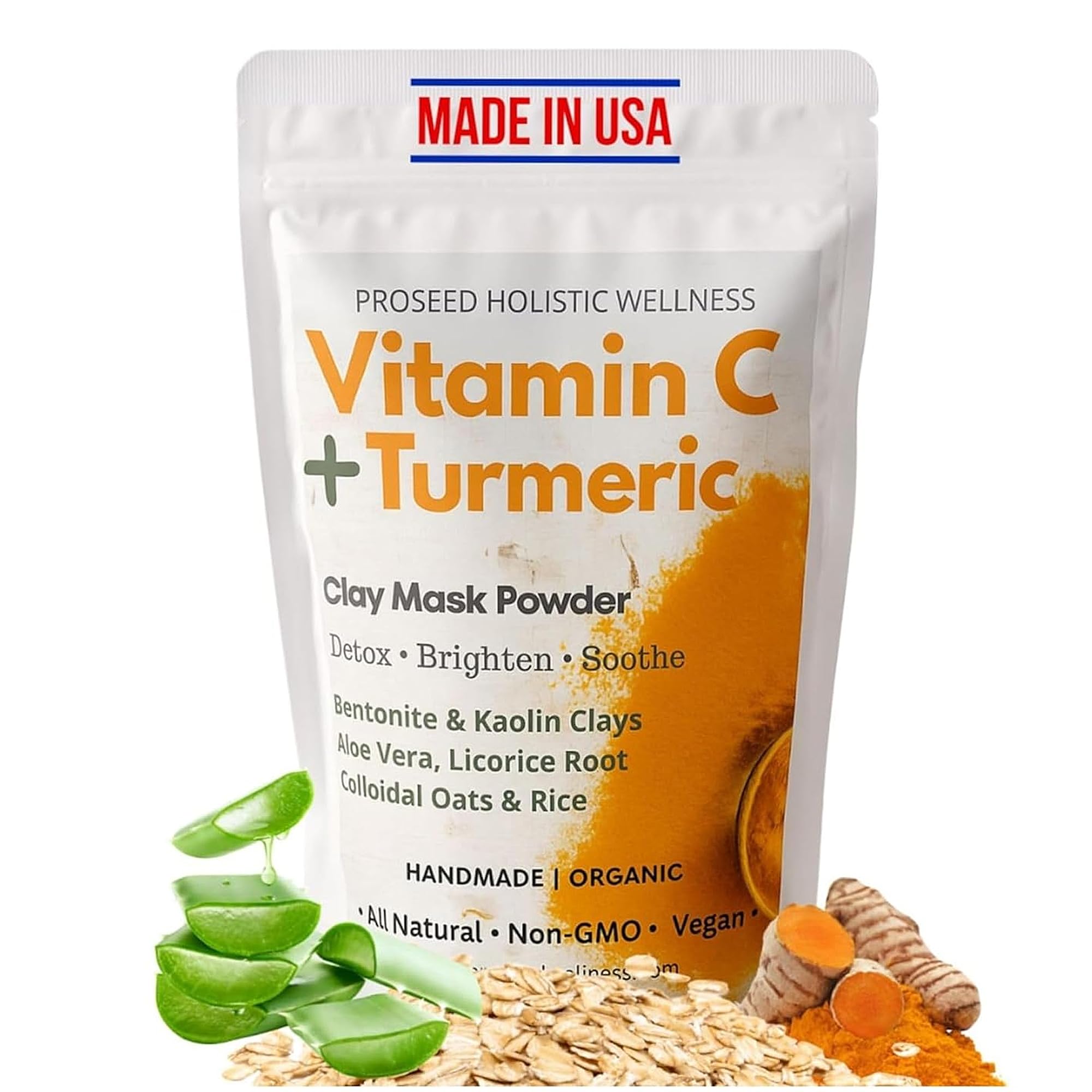 ProSeed Turmeric Vitamin C Clay Mask  Face & Body Powder Mask with Oats, Aloe & Natural Clays for Sensitive Skin, Pores, Blemis