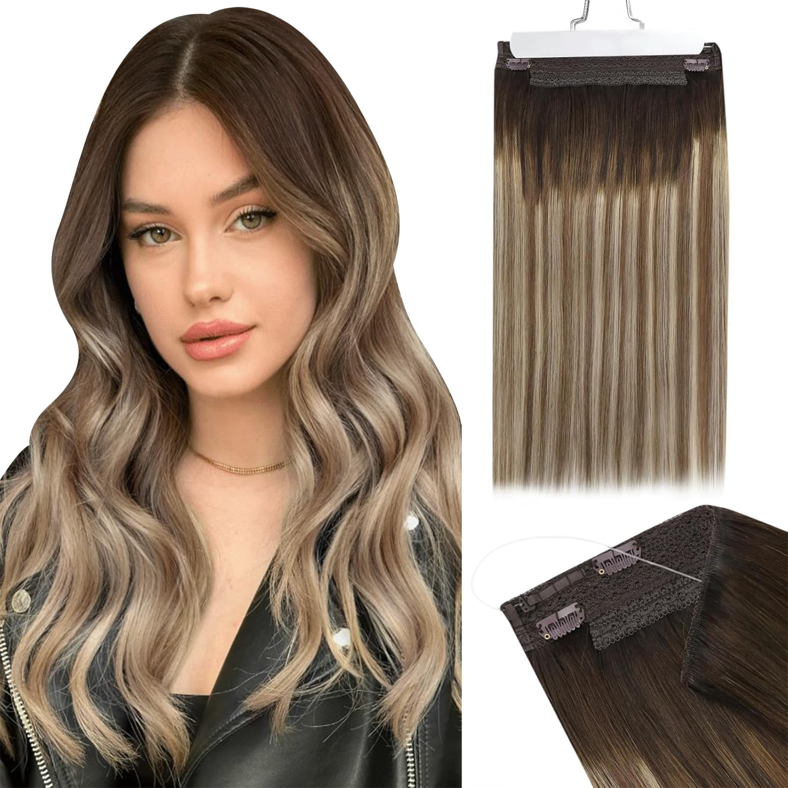 Ugeat 12 Inch Balayage Wire Hair Extensions Balayage Dark Brown to Medium with Bleach Blonde Wire Hair Extensions Human Hair Bal