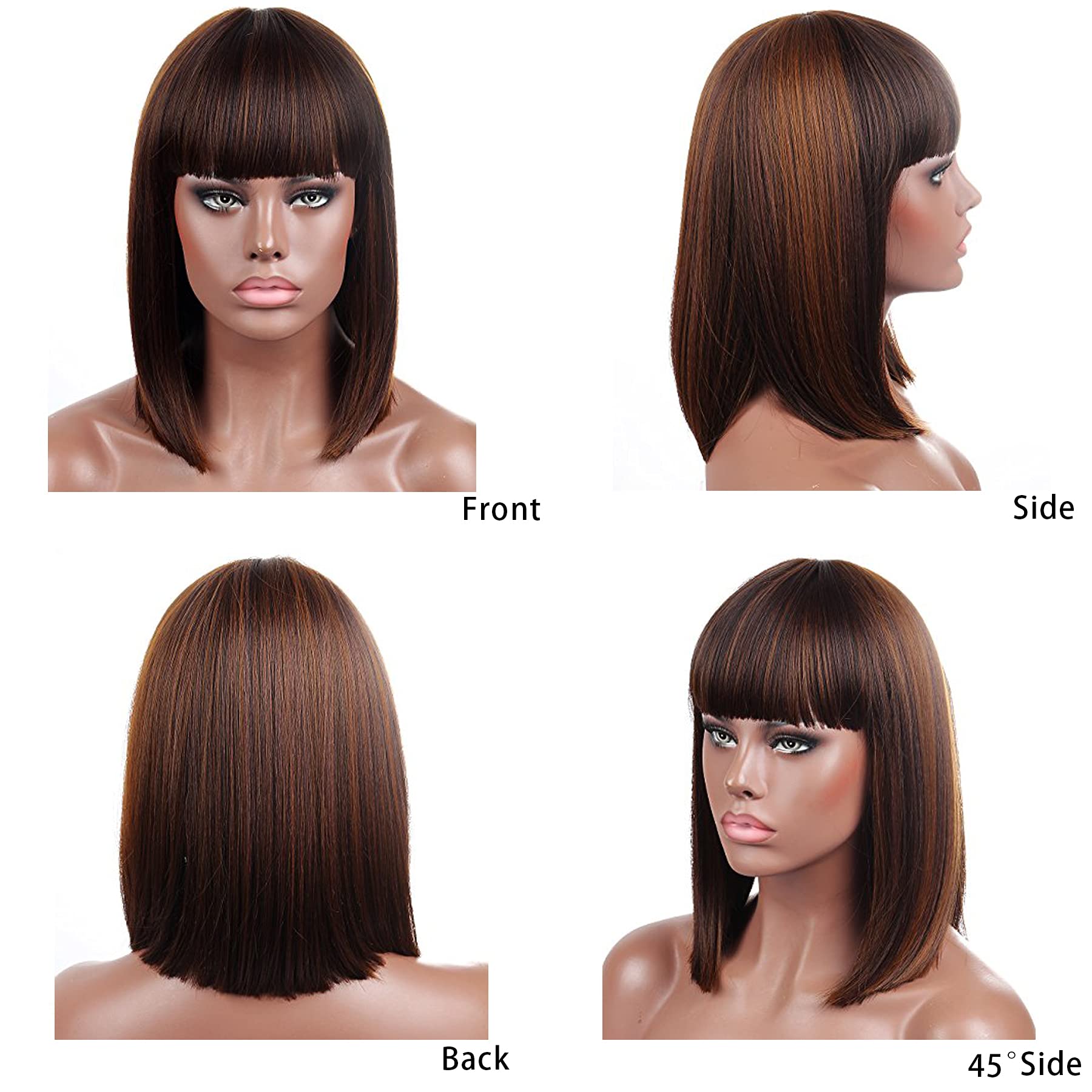 Kalyss Blunt Bob Short Hair Wigs For Women Heat Resistant Yaki Synthetic Hair Brown Highlights Women   S Wig With Hair Bangs (Br