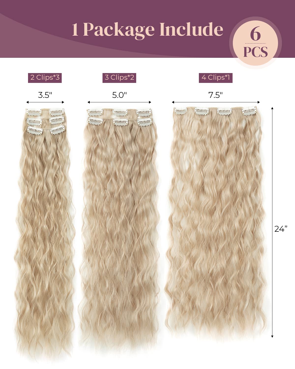 Lonai Clip In Hair Extensions, 6Pcs Curly 24'' Long Synthetic Clip On Hairpiece For Women Natural Ash Blonde
