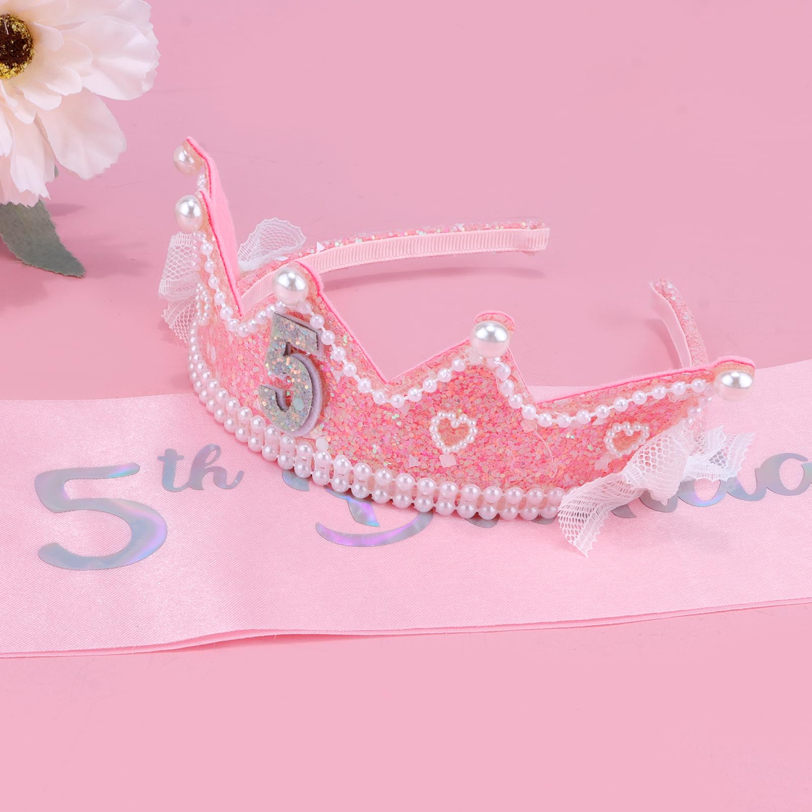 Chanaco 5 Year Old Girl Birthday Gift Idea 5th Birthday Crown and Sash Decorations Pink Bow Outfit for Party Favor Princess Tiar