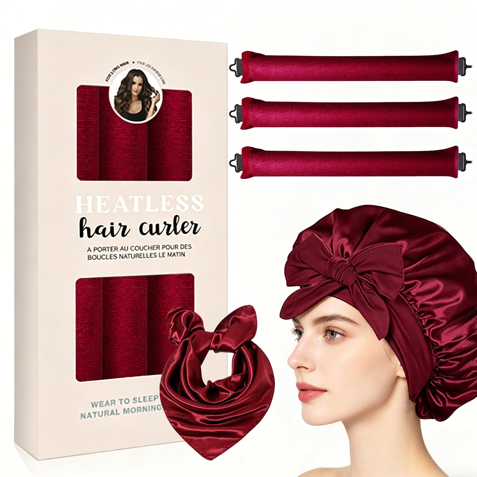 Heatless Curls Overnight Hair Curlers  NoHeat Curling Rod to Sleep In and Shower Cap,Velvet Hair Rollers with Satin Wrap (set 