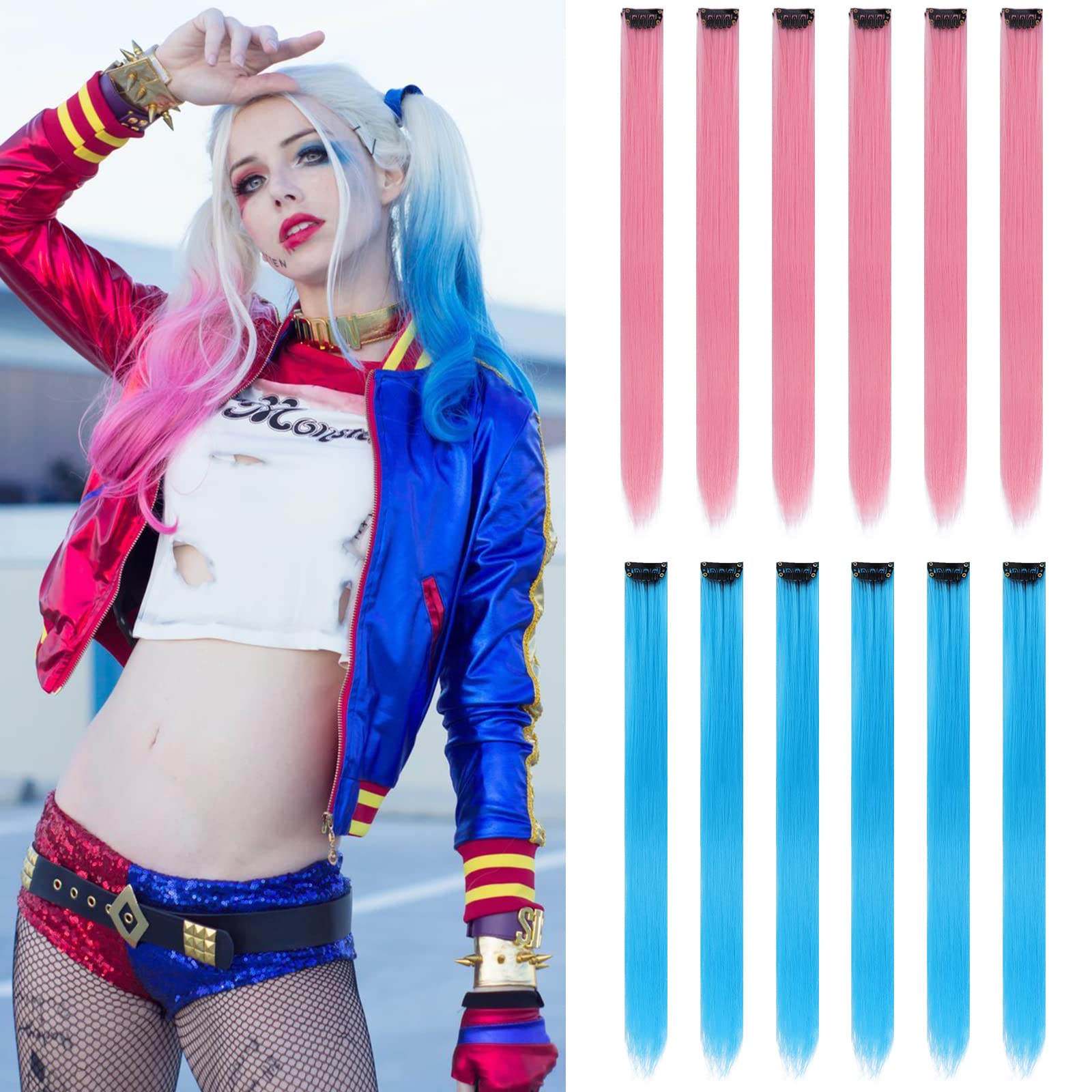 12PCS Colored Pink and Lake Blue Hair Extensions 22 Inch Colorful Clip in Hair Extensions Straight Synthetic Hairpiece for Women