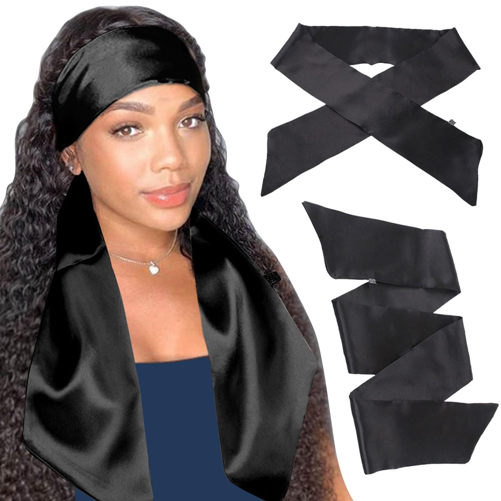 XTREND 2Pcs Women's Satin Edge Scarves for Wigs 58 Inch Silk Edge Laying Scarf for Women Non Slip Hair Wrap Wigs Grip Band for Y