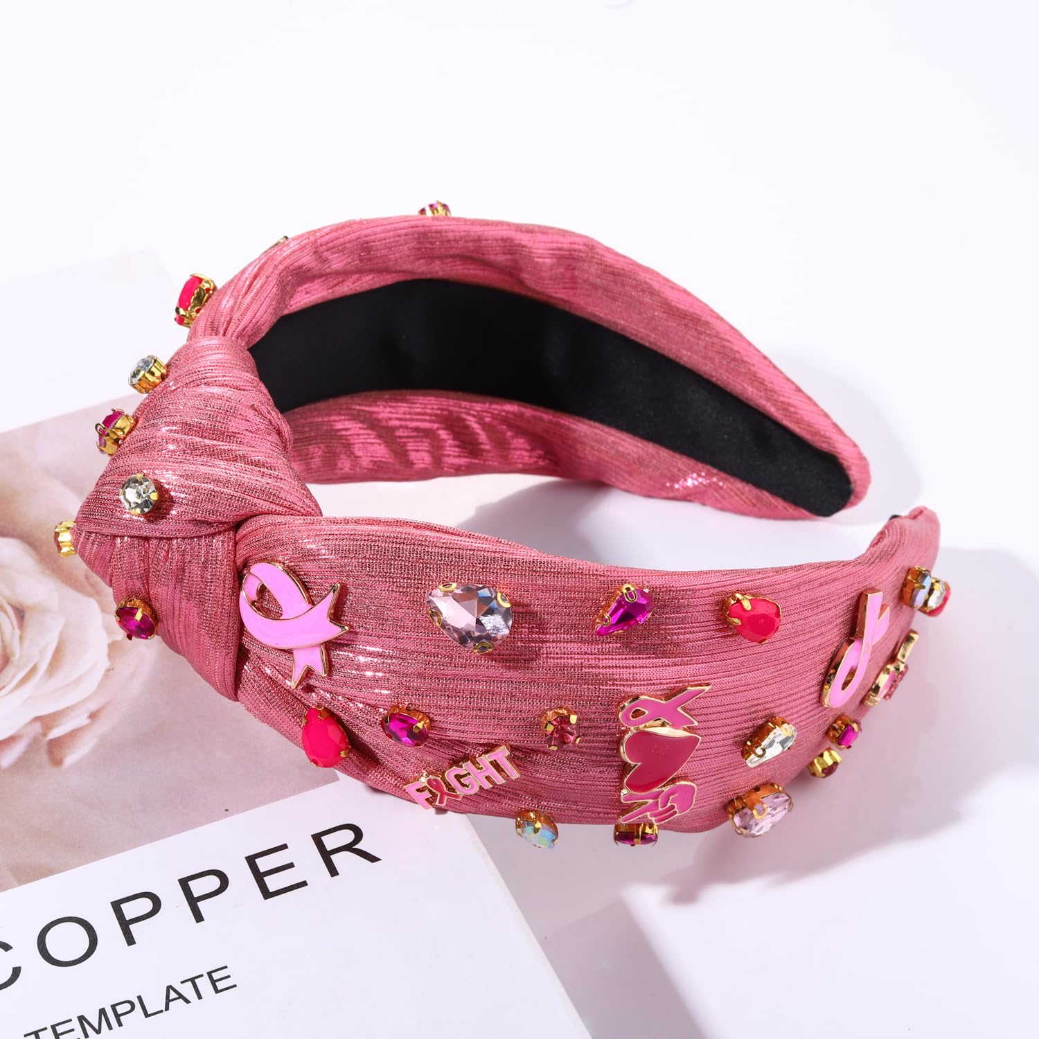 Rhinestone Knot Headband Breast Cancer Awareness Hairband Pink Ribbon Charm Headband for Women Girls Hair Accessories (Pink Ribb