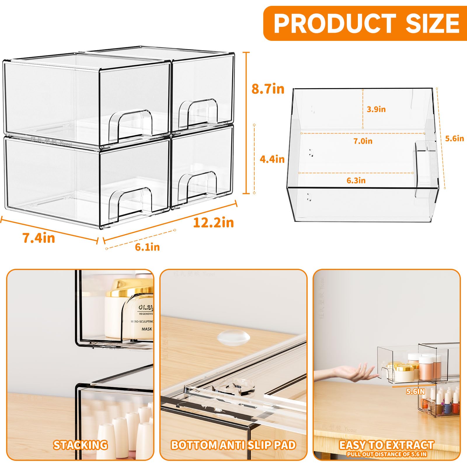 Yieach 4 Pack Clear Stackable Storage Drawers,4.4'' Tall Acrylic Drawer Containers for Organizing,Bathroom Organizers and Storag