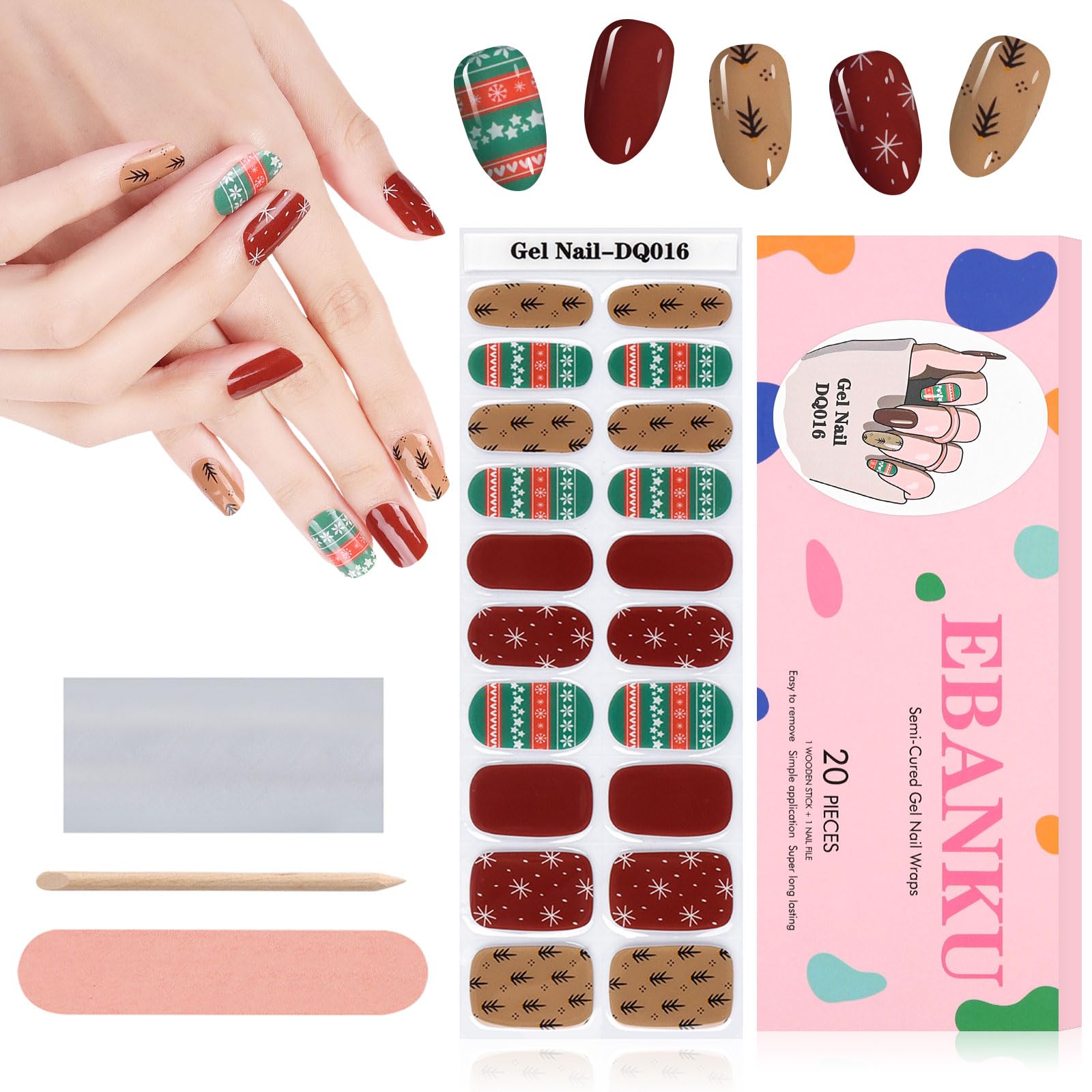 Ebanku 20Pcs Christmas Semi-Cured Gel Nail Polish Strips, Snowflake Christmas Trees Adhesive Gel Nail Art Sticker, Waterproof Ge