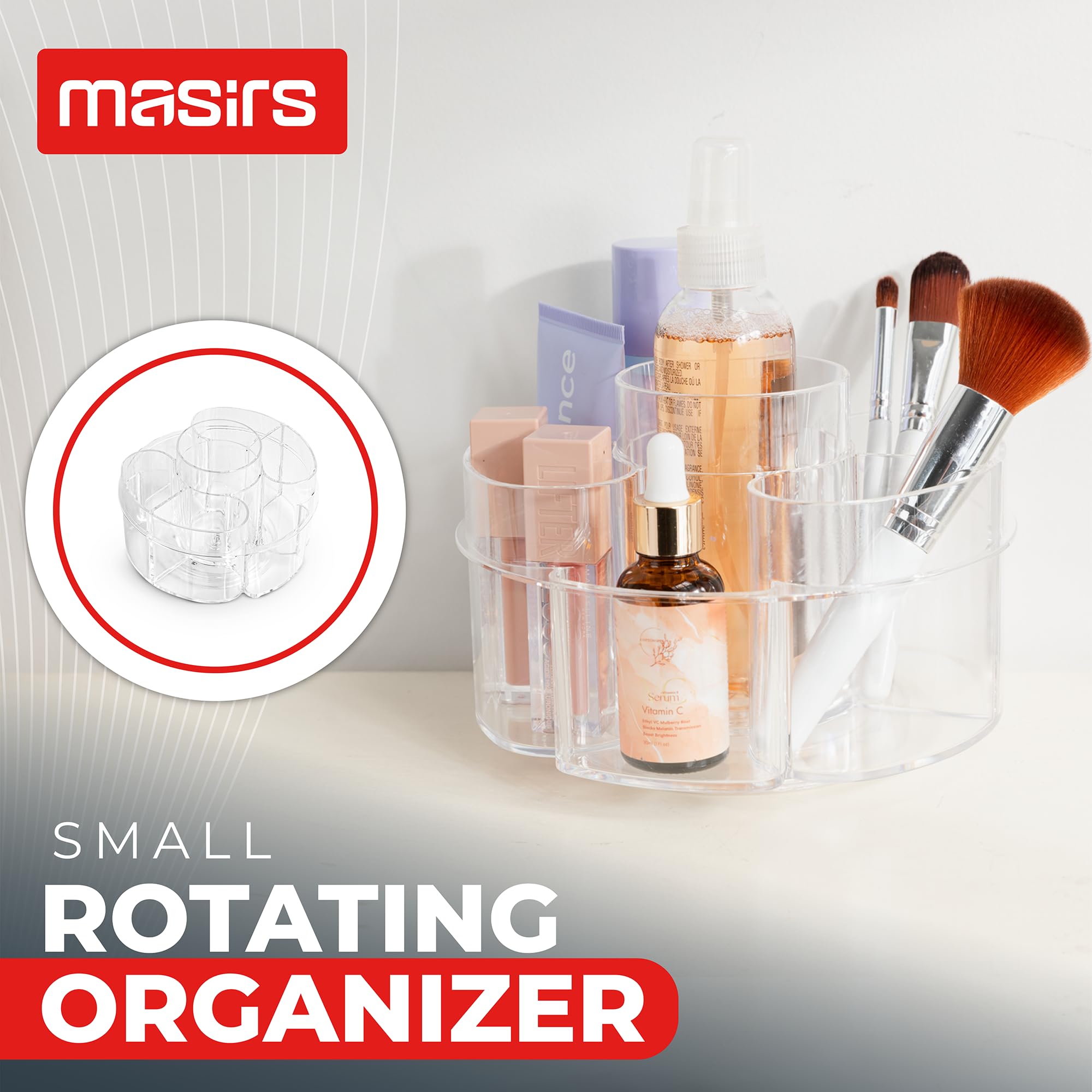 Masirs Small Rotating Makeup Organizer - A Mini Yet Spacious Cosmetic Storage Solution With Multiple Compartments. The Perfect S