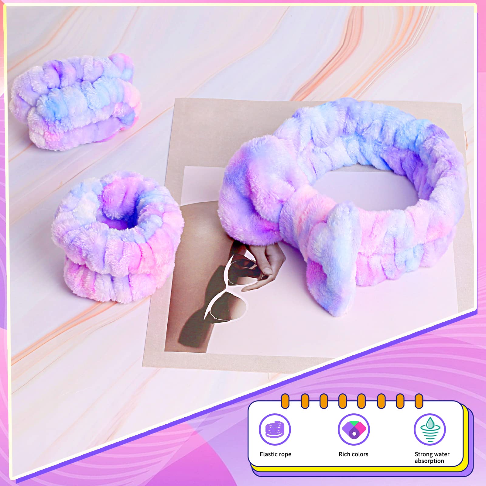 Wsyub Spa Headband And Matching Wrist Bands For Washing Face, Fuzzy Skincare Bow Headbands, Soft Facial Makeup Head Bands, Showe