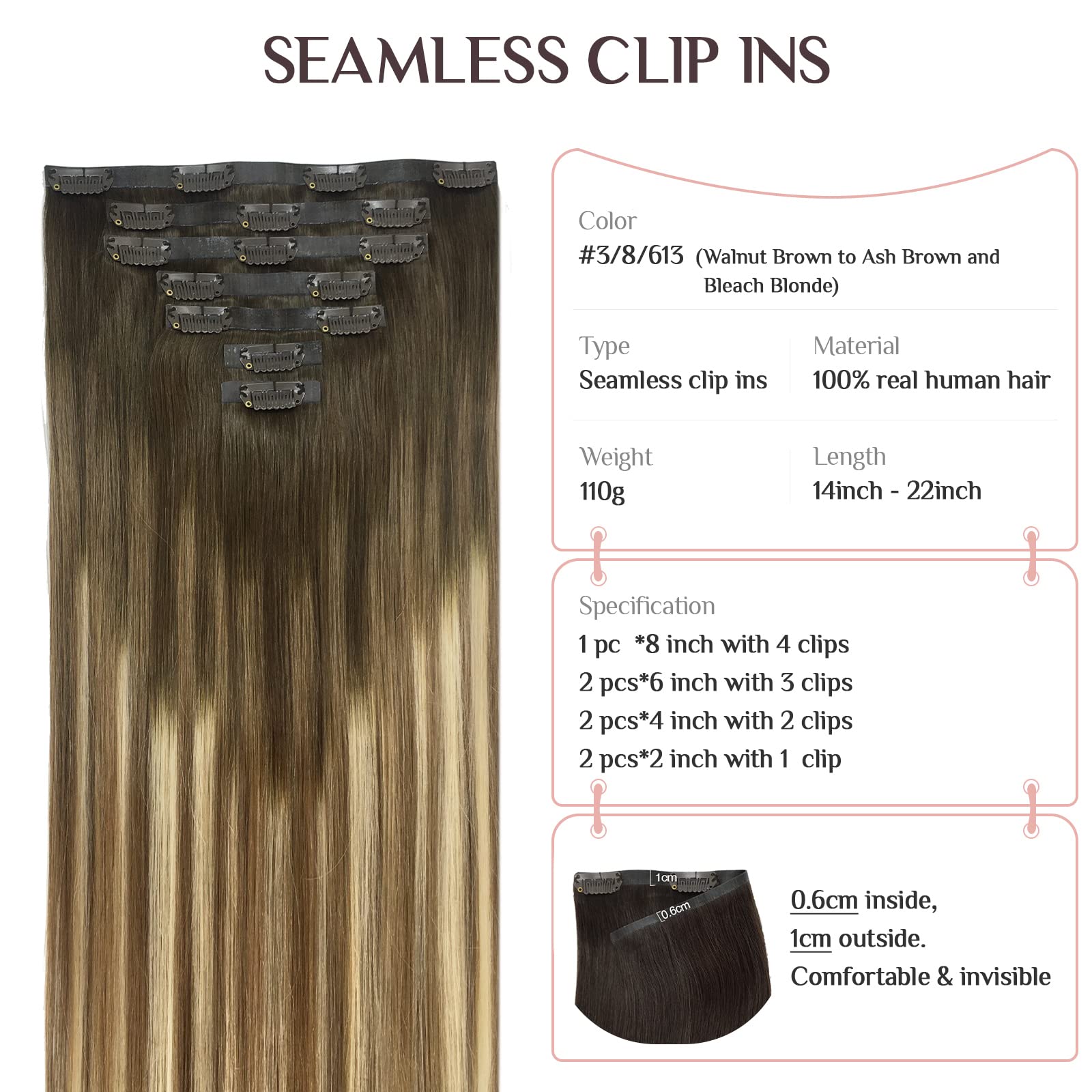 Clip In Hair Extensions Real Human Hair, 7Pcs 110G Balayage Walnut Brown To Ash Brown And Bleach Blonde 16 Inch, Seamless Hair E