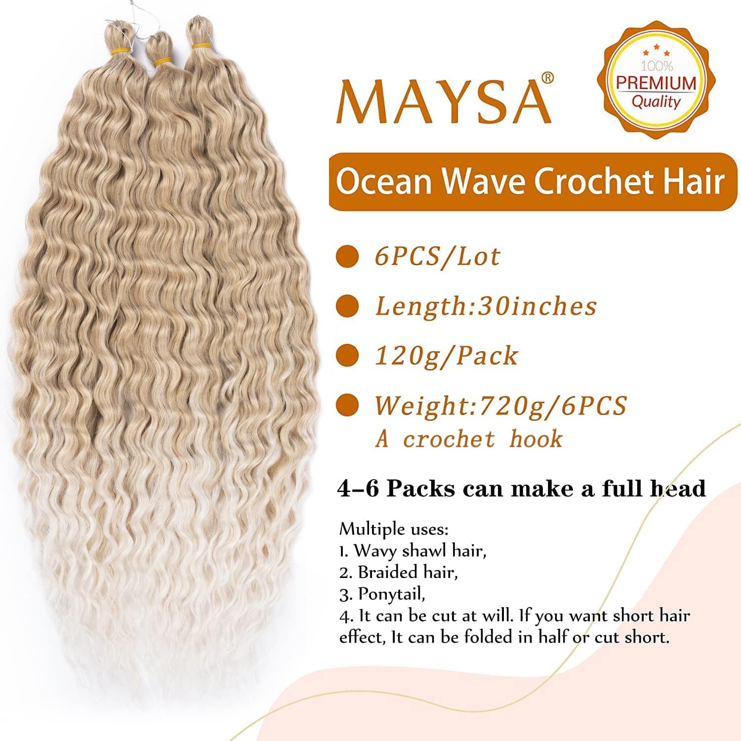 Maysa Blonde Curly Braiding Crochet Hair 30inch 6Packs Deep Wave Crochet Hair Wavy Synthetic Crochet Hair for Women #18/56c Blon