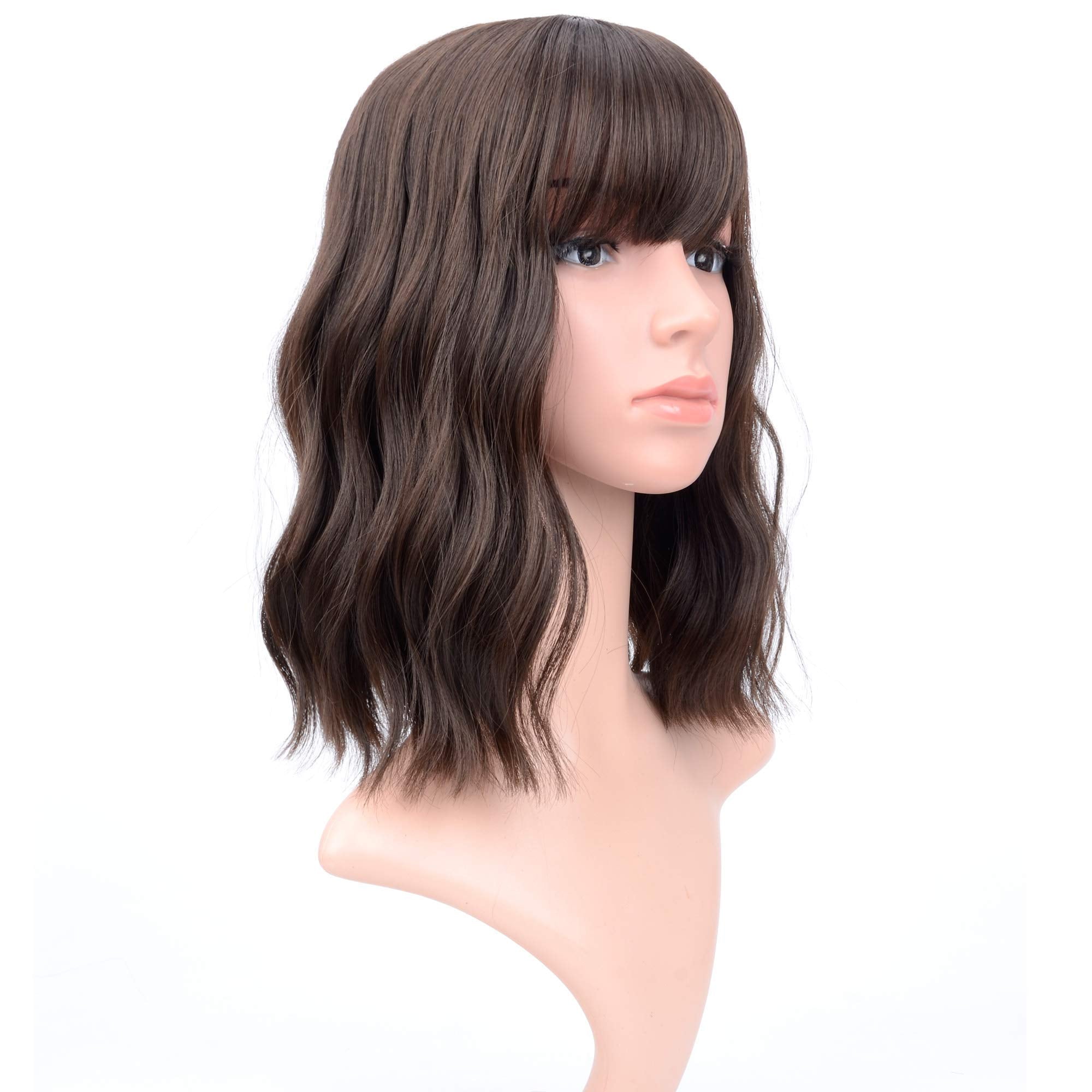 VCKOVCKO Short Bob Wigs Natural Brown Wavy Wig With Air Bangs Women's Shoulder Length Wigs Curly Wavy Synthetic Cosplay Wig Past