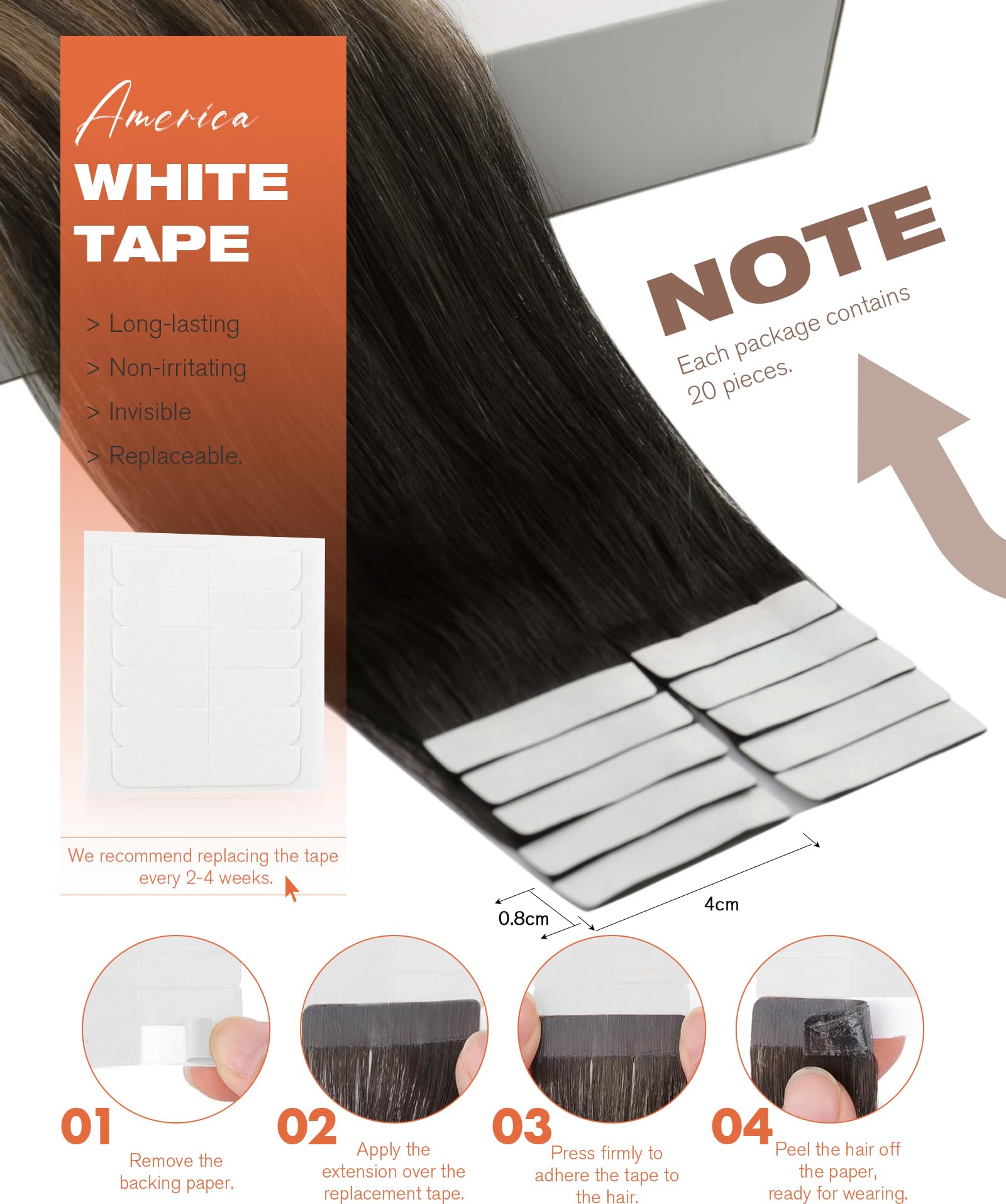 Sunny Hair Tape in Hair Extensions Real Human Hair Invisible Remy Hair Extensions Tape ins for Women Natural Black Ombre Dark Br