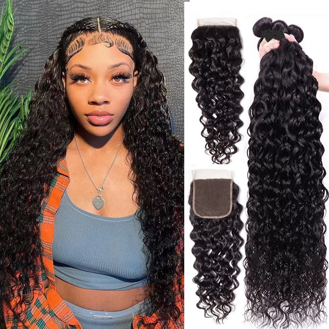 Water Wave Bundles With Closure Human Hair(20 22 24+18,Free Part)10A Brazilian Virgin Hair Bundles And Closure 100% Unprocessed