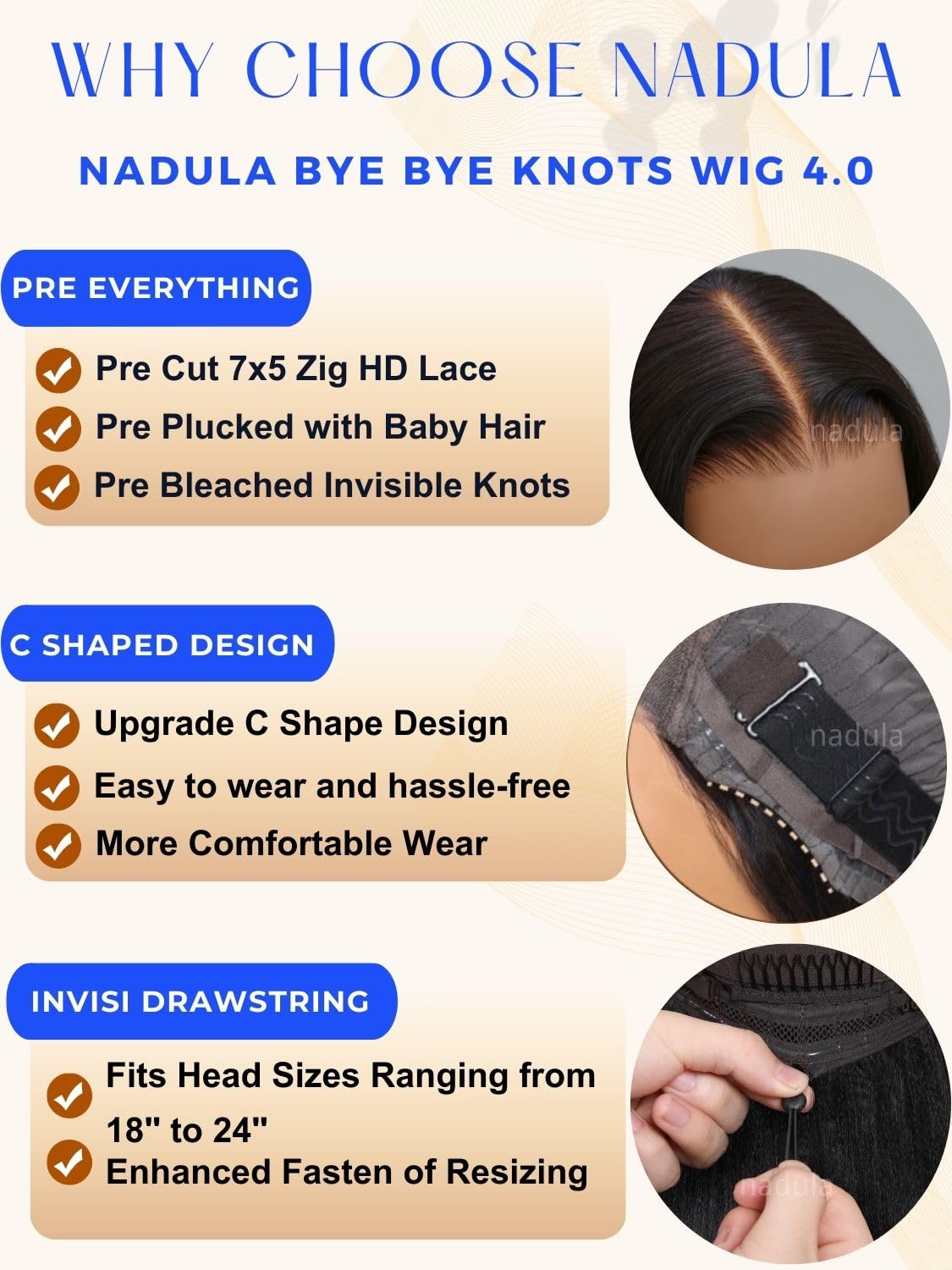 Nadula Bye Bye Knots Yaki Straight Glueless Wig Human Hair With Elastic Drawstring Pre Cut 7X5 Invisible Knots Hd Lace Front Put