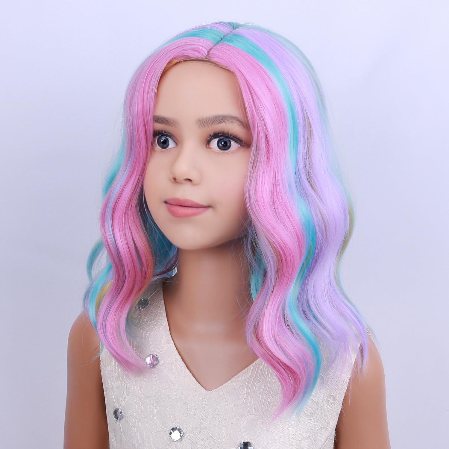 Pattnium Rainbow Wig Kids Child Wig Short Wavy Wig Rainbow Wig Multicolor Wig Girls Synthetic Wig Cosplay Halloween Party Costum