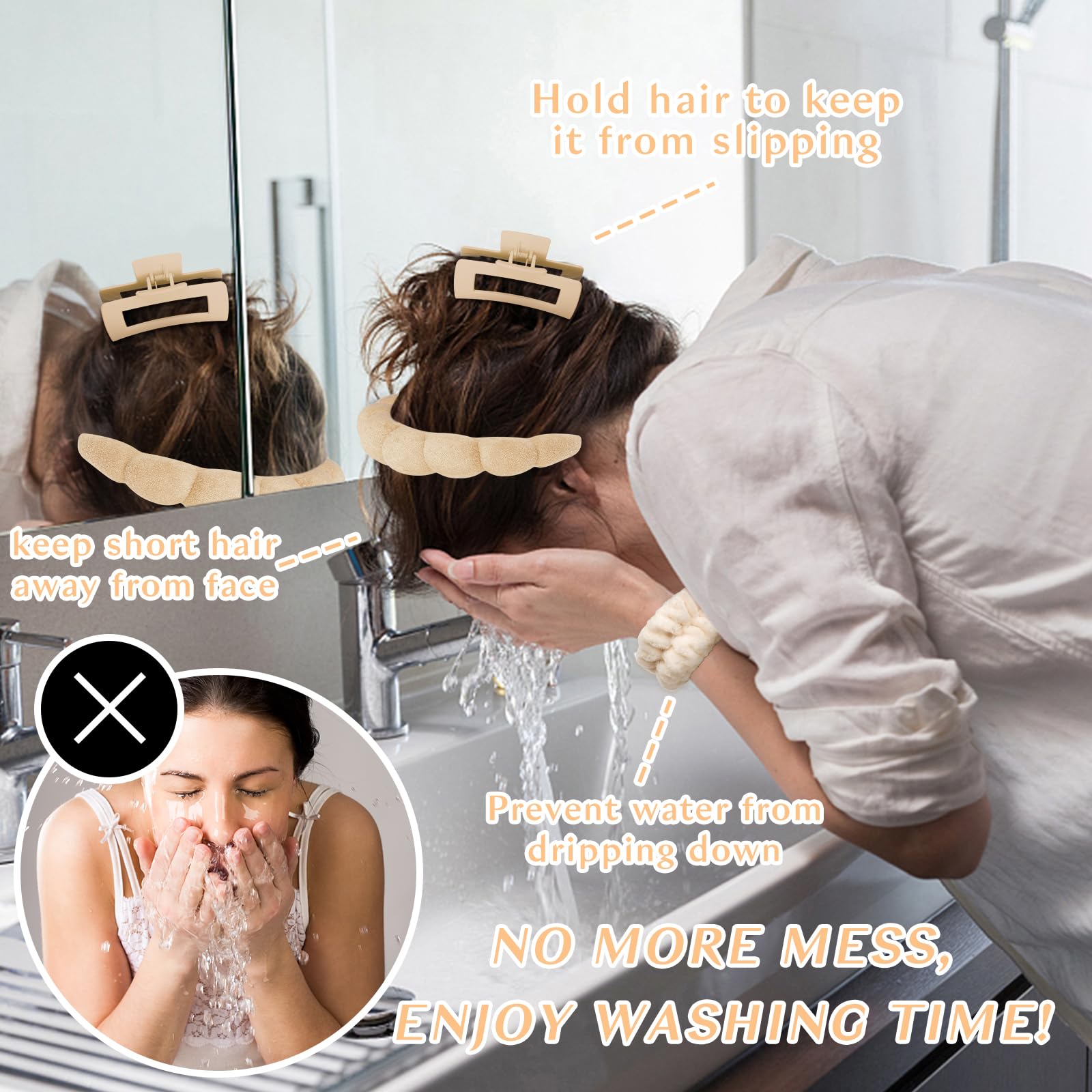 Wecoe White Khaki Spa Headband And Wristband Set Skincare Headband For Washing Face Hair Claw Clips For Thick Hair Cute Puffy Sp