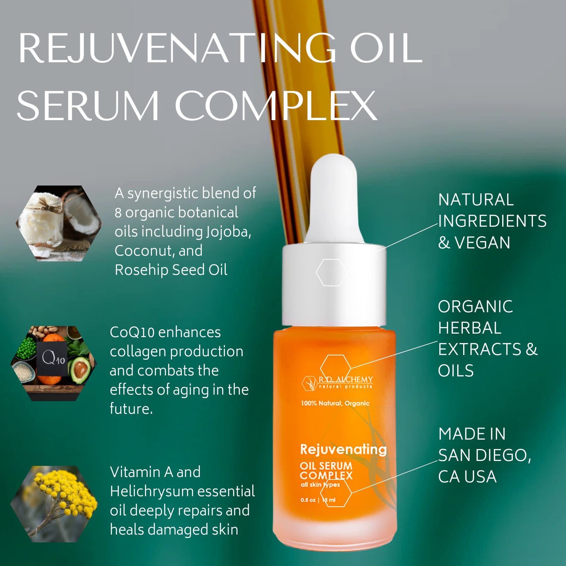 RD Alchemy - 100% Natural & Organic Rejuvenating Oil Serum for glowing skin - Argan, Jojoba, Rosehip, Retinol, & CoQ10 diminishe