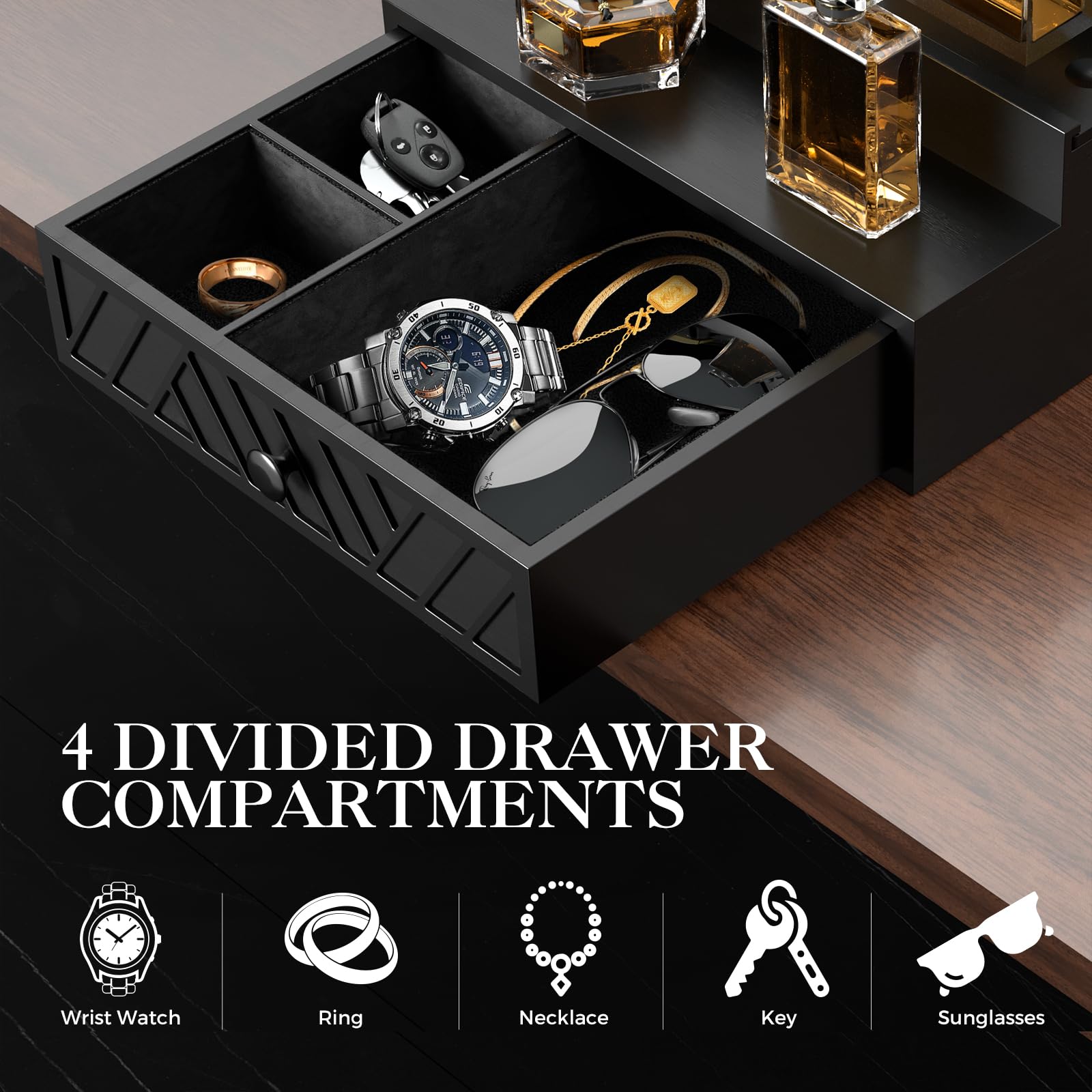 Y&ME YM Cologne Organizer for Men, 4-Tier Wood Perfume Holder with Felt Lining, Black, Model Y&ME YM
