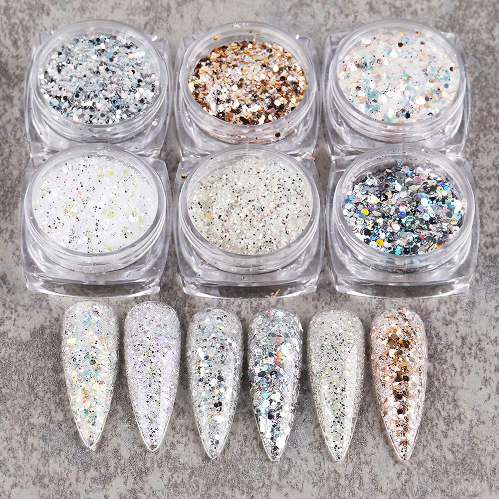Holographic Nail Art Kits 6 Boxes 3D Glitter Metallic Shining Flakes Acrylic Powder Dust Sequins Decoration Holographic Manicure
