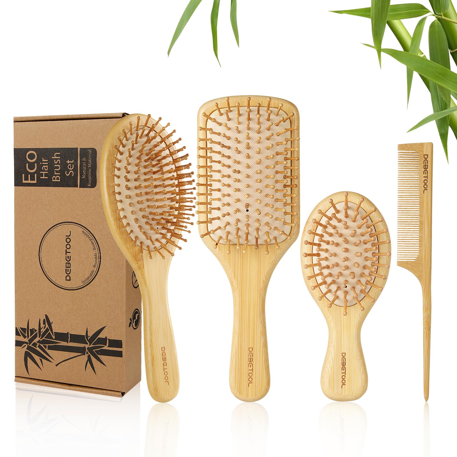 DEBETOOL Bamboo Hair Brush and Comb Set for Women Men and Kids,Natural Bamboo wood Wide-tooth brush and tail comb - Paddle Detan