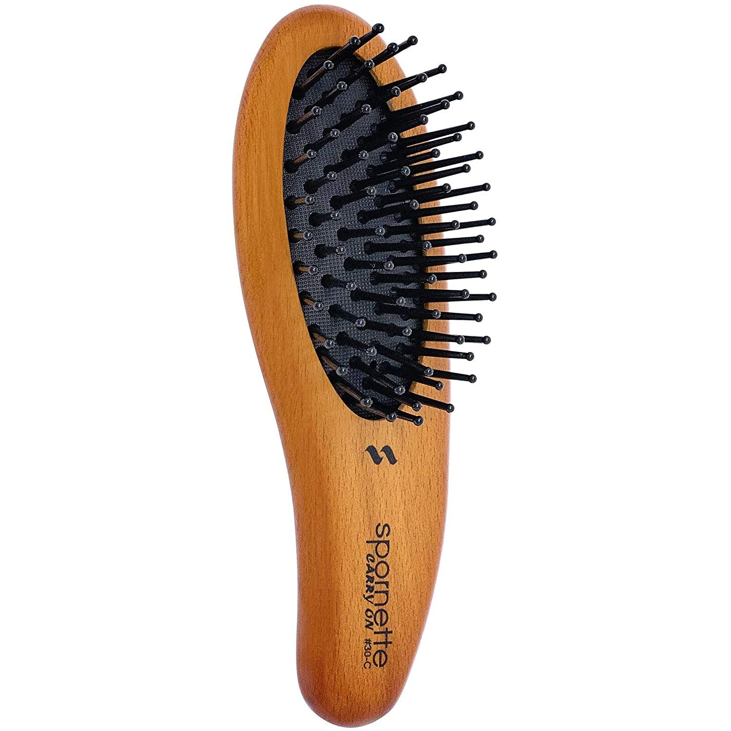 Spornette Carry On Wooden Handle Oval Cushion Mini Hair Brush #30-C Travel Size Brush Fits in Purse or Carry-On Bag for Quick Br