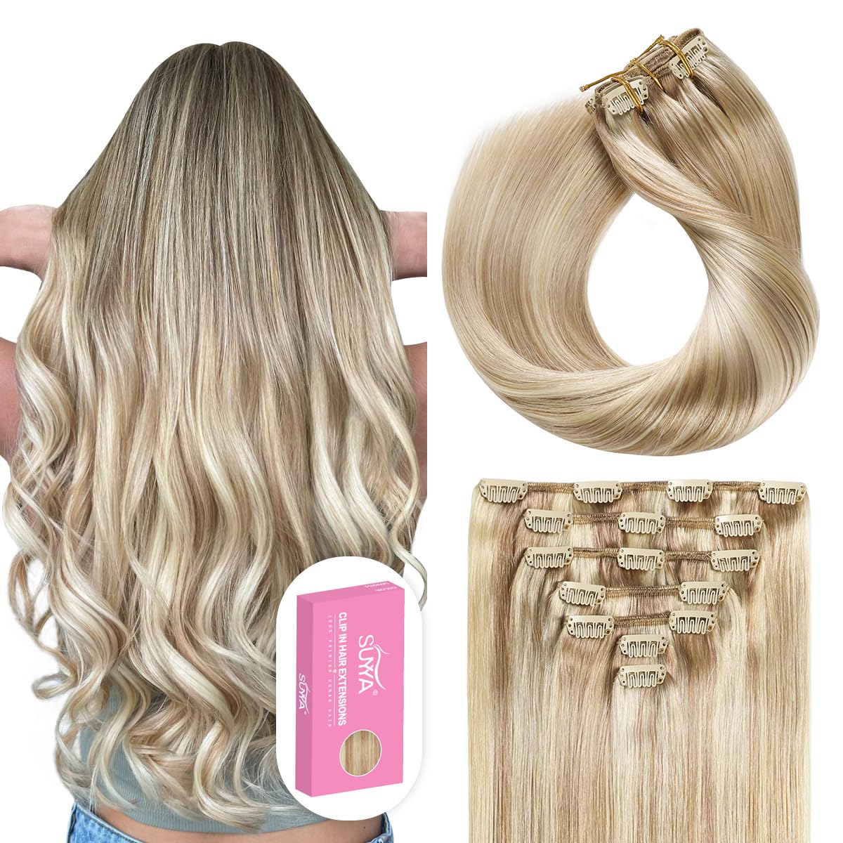 SUYYA Clip in Hair Extensions Real Human Hair 16 inch 120g 7pcs Clip in Remy Human Hair Extensions Silky Straight Double Weft As