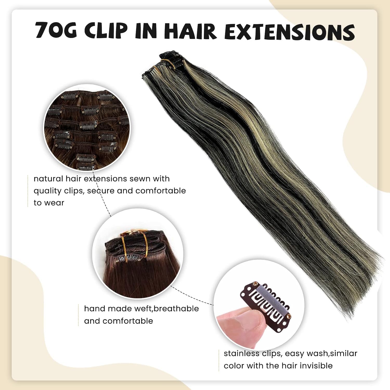 Clip In Hair Extensions Real Human Hair, Natural Black Highlighted Blonde 613 Clip In Hair Extensions Straight Hair Extensions C