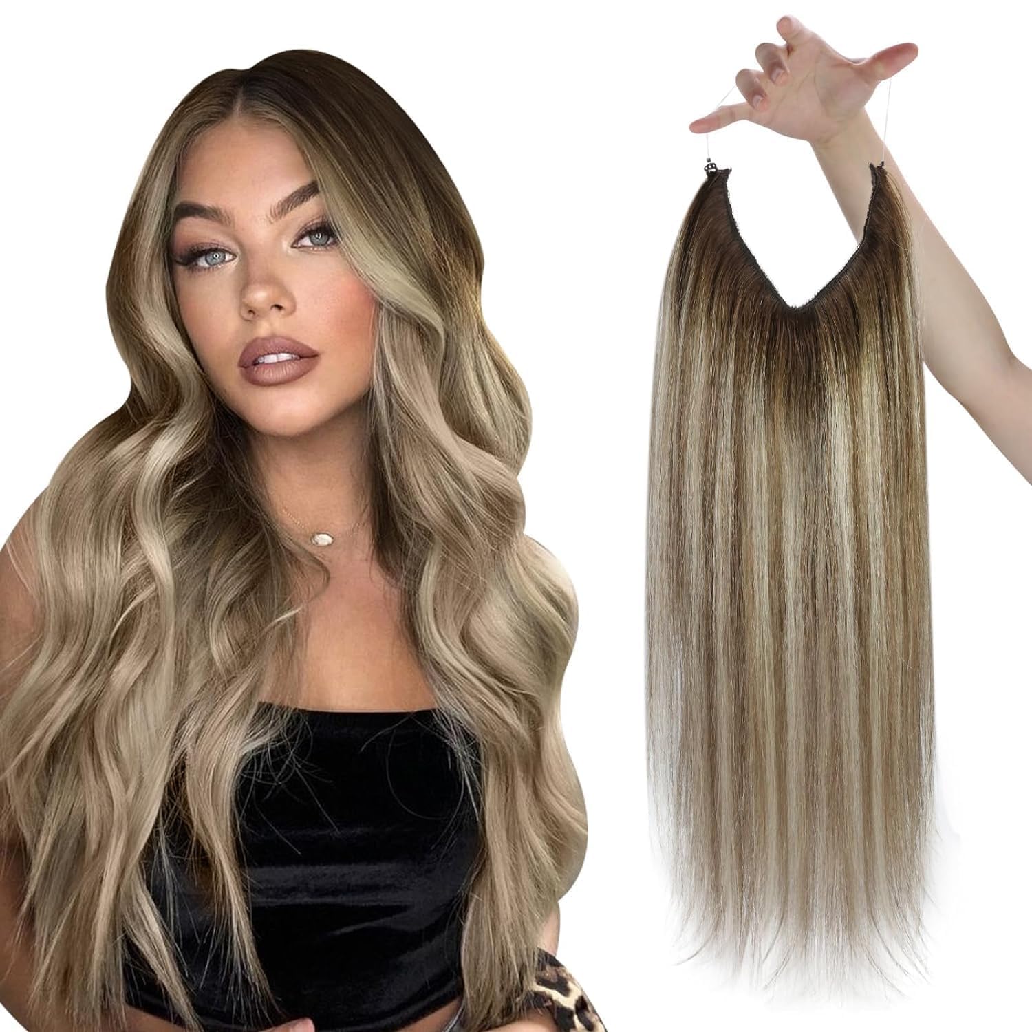 Sunny 100G Invisible Wire Hair Extensions Ombre Human Hair Clip in Extensions with Secret Wire Balayage Dark Brown Ombre Light B