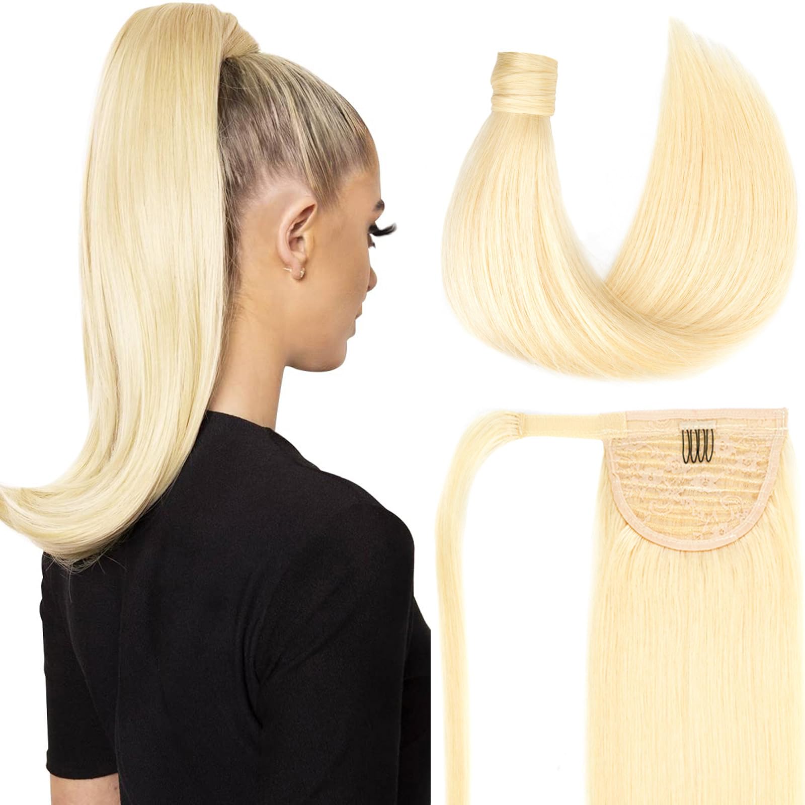 14 inch Ponytail Extension Human Hair 70g #60 Platinum Blonde 100% Remy Human Hair Ponytail Long Straight Wrap Around Ponytail H
