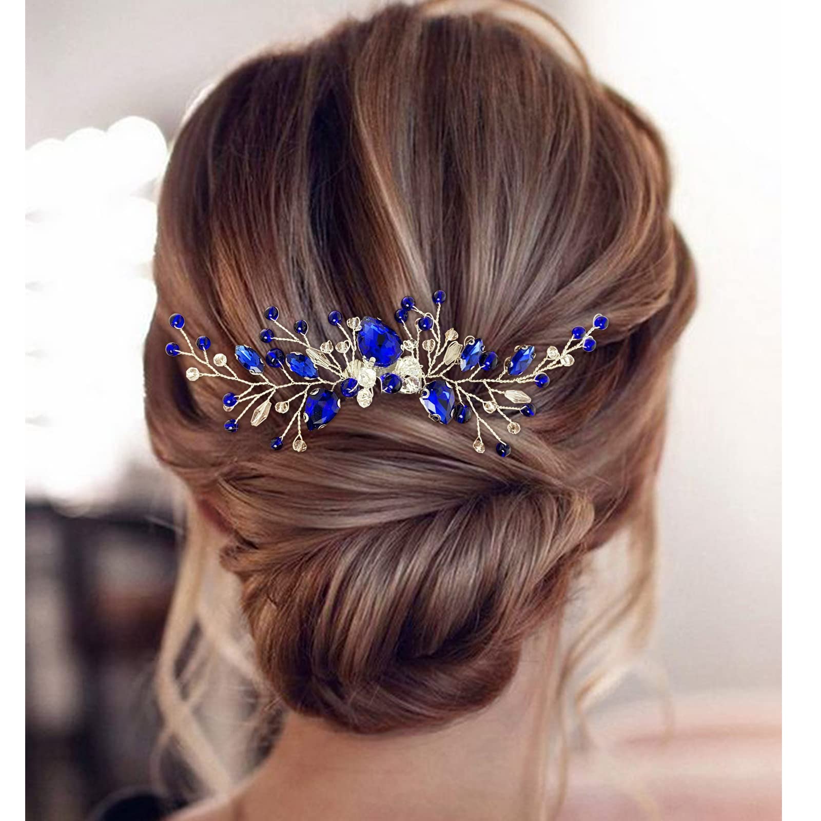Bridal Crystal Hair Comb And Earrings Set Elegant Bride Wedding Hair Piece Accessories For Women Prom Party Photography (Royal B
