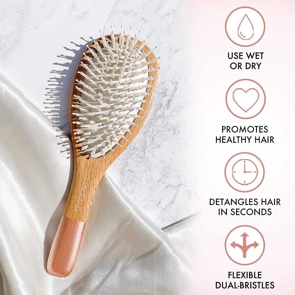 Wooden Hair Brush Set - Paddle Brush, Round Brush & Comb, Hair Brushes With Soft Bristles, Hairbrushes For Women By Lily England
