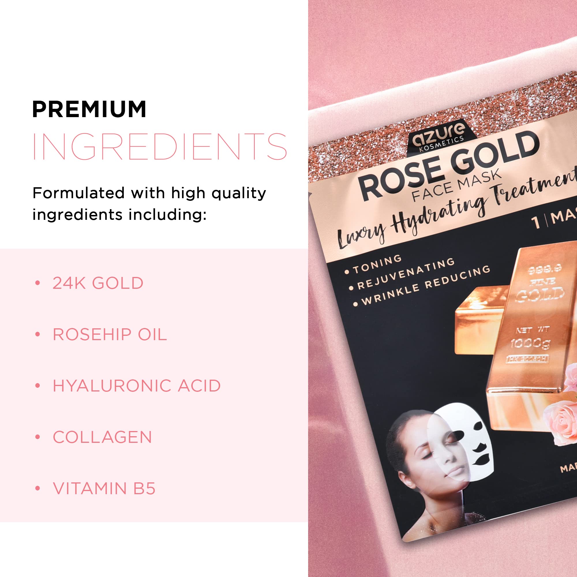 AZURE Rose Gold Luxury Hydrating Face Mask- Hydrating, Firming, and Anti Aging Facial Mask - Combats Skin Damage - With Rosehip