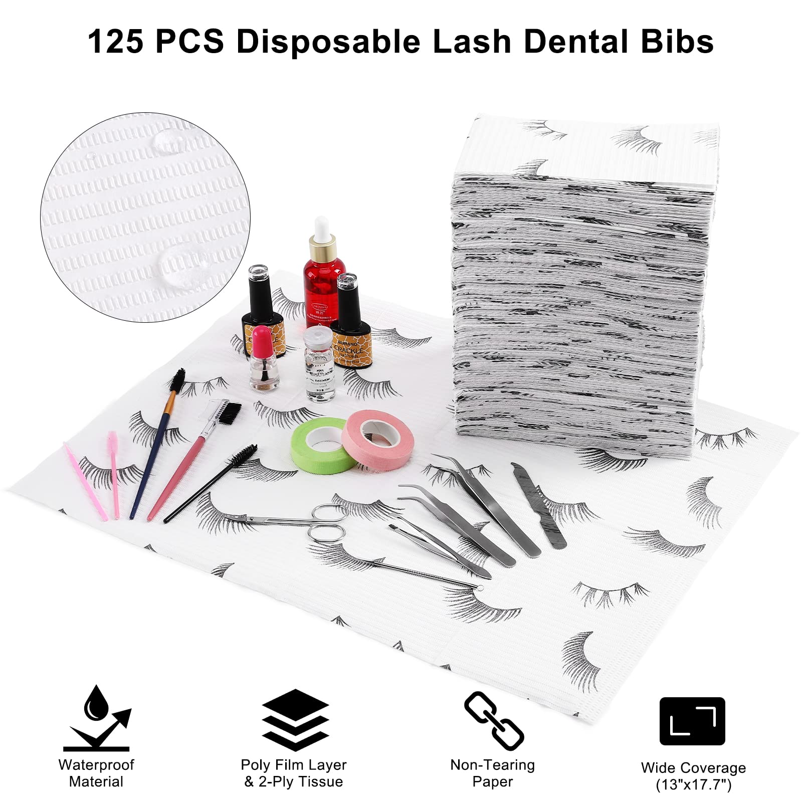 Prasne Lashing Dental Bibs Disposable Pack Of 125, Lash Pillow Cover Of Lash Supplies, White 3-Ply Paper Poly Waterproof Towels,