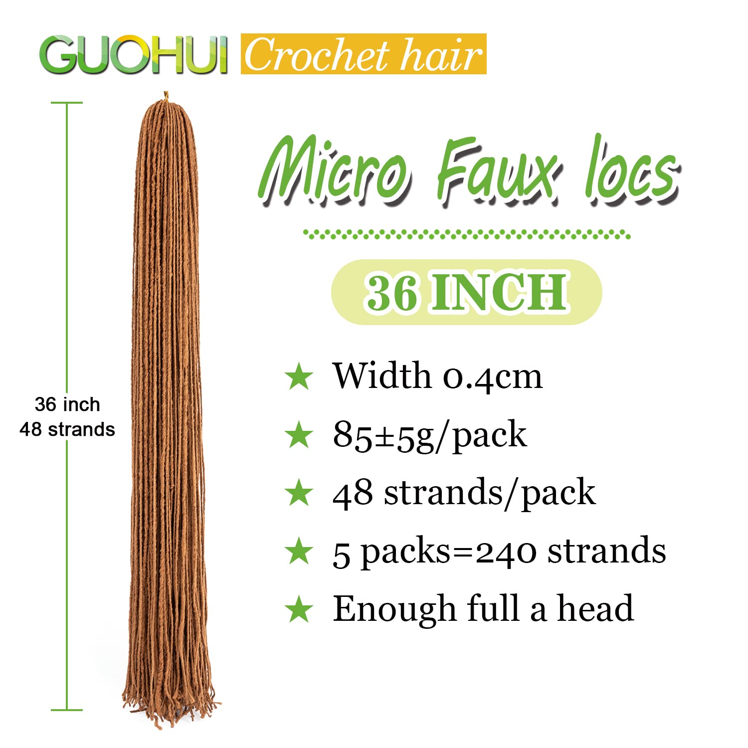 Guohui Micro Faux Locs Crochet Hair, 36 Inch 5 Packs Color Light Brown Diy Braids Straight Styles (36'',30)