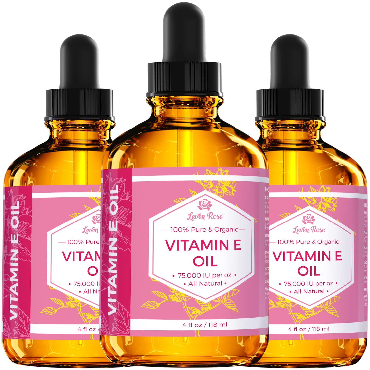 Leven Rose Pure Vitamin E Oil 75,000 Iu Per Oz 100% Natural, Organic For Skin, Face, Hair, Nails, And Scars, 4 Oz