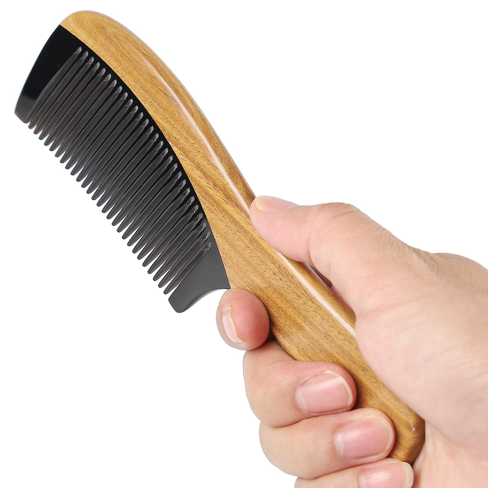 Onedor 100% Handmade Natural Green Sandalwood With Buffalo Horn Hair Combs - Anti-Static Sandalwood Scent Natural Hair Detangler