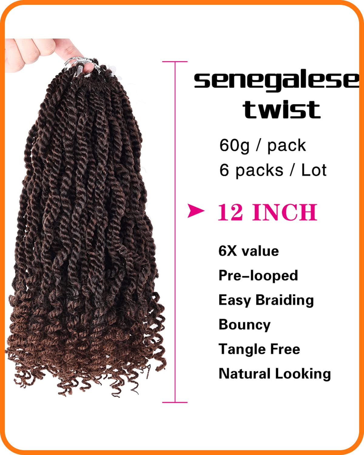 TOZIKA 6 Packs Wavy Senegalese Twist Crochet Hair 12 Inch Synthetic Braids, T30# Color