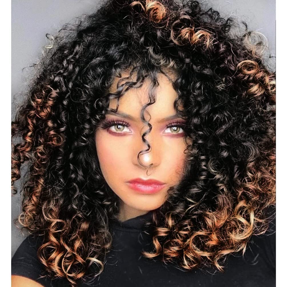 Curly Wigs for Black Women - Brown Mixed Black Synthetic Hair African American Full Kinky Curly Afro Wig with Bangs
