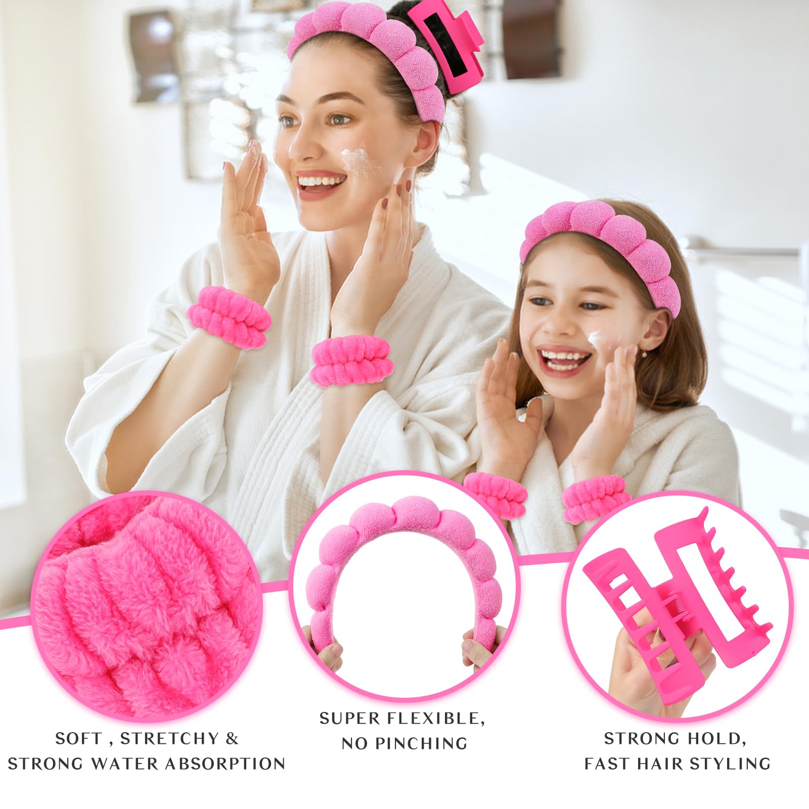 Wecoe Spa Headband And Wristband Set Skincare Headband For Washing Face Hair Claw Clips For Thick Hair Hot Pink Puffy Sponge Mak