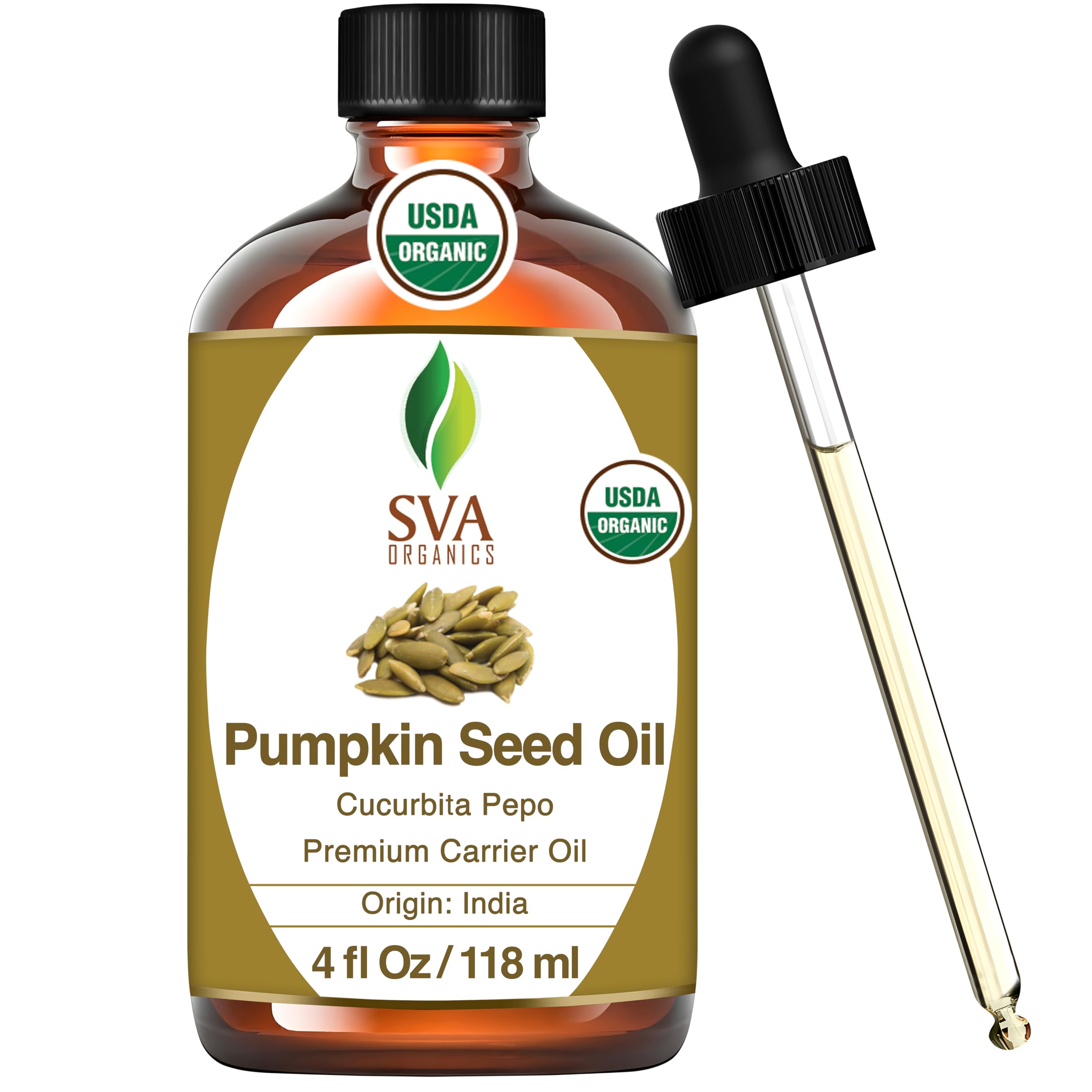 Sva Pumpkin Seed Oil Organic - 4 Fl Oz - 100% Natural Cold Pressed Organic Pumpkin Oil - For Face, Skin Care, Hair Care, Scalp M