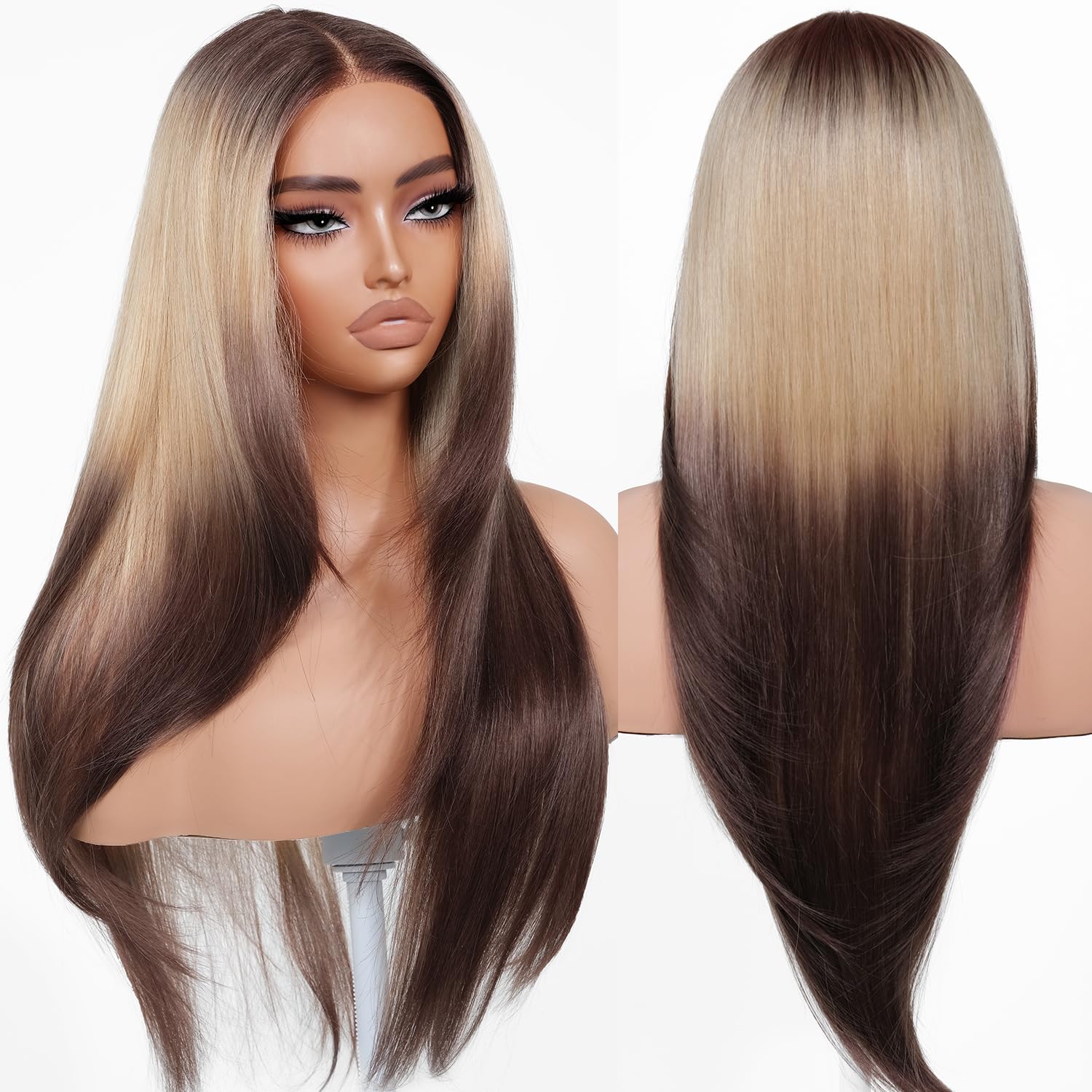 BrownBomb Ombre Blonde Brown Wear and Go Glueless Wigs Pre Plucked Pre Cut for Beginners Synthetic Lace Front Wigs With Bangs Lo