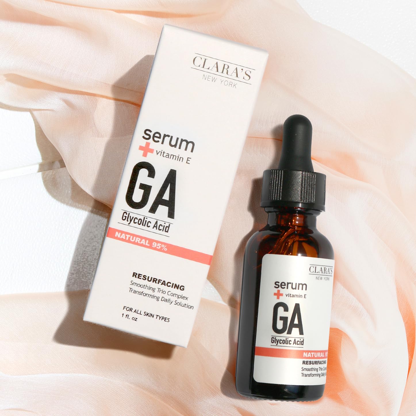 CLARA'S NEW YORK Glycolic Acid Facial Serum with Vitamin E for Exfoliating Smoothing Glowing Face Skin - Made in USA 30ml (1Fl/O