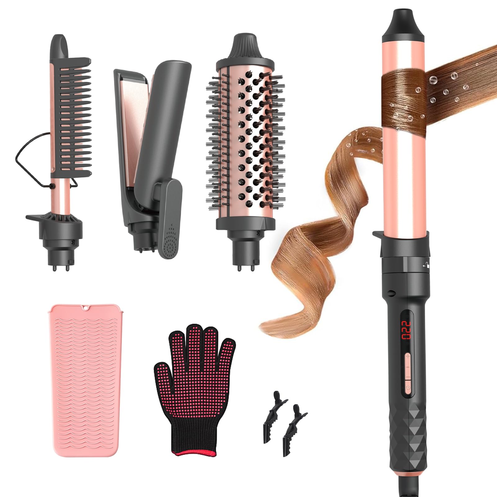 4in1 Curling Iron Set for Long Hair, Fast Heating Ceramic Ionic Hair Curler, Flat Iron & Hot Brush Combo, FrizzFree Styling T